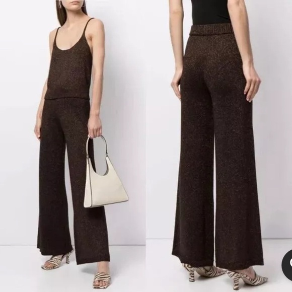Staud Wide Leg Knit Brown Daisy Glitter Pants $225, Size S - Picture 1 of 6